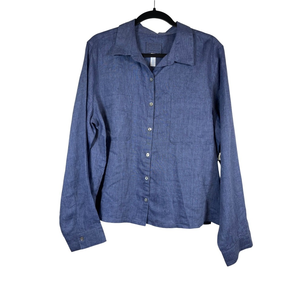 NWT Sigrid Olsen Sz XL Top 100% Linen Blue Shirt L/S Blouse Boxy Shell Buttons